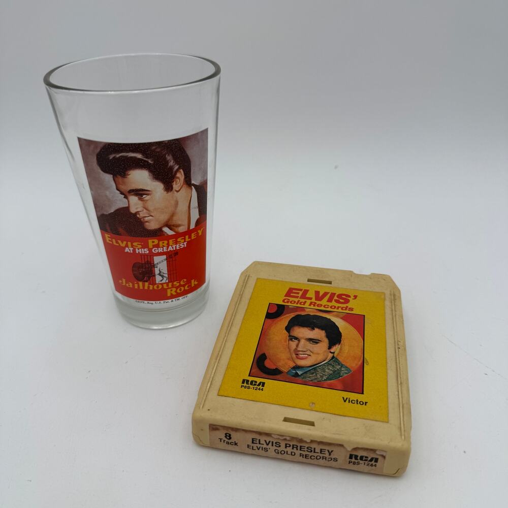 Elvis Presley 8 Track Tape & Jailhouse Rock Glass Elvis' Gold Records